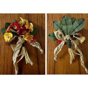 VINTAGE MILLINERY VELVET FLOWERS, LEAVES, RIBBON, PIN YELLOWS/ORANGES